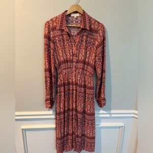 Promesa Terracotta Geometric Long Sleeve Button Down Collared Dress